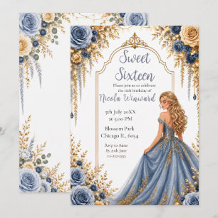 Invitation Fête Sweet Sixteen Fleurs Or Bleu Poussiéreux