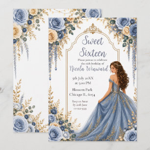 Invitation Fête Sweet Sixteen Fleurs Or Bleu Poussiéreux