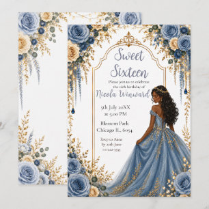 Invitation Fête Sweet Sixteen Fleurs Or Bleu Poussiéreux