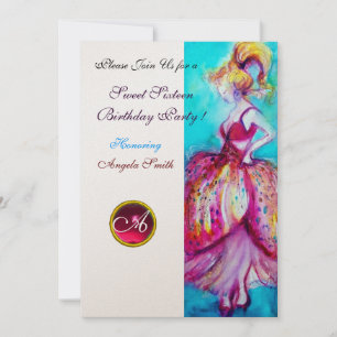 Invitation FÊTE SWEET SIXTEEN, monogramme or rose rubis or