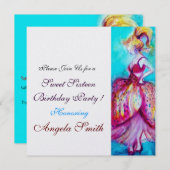 Invitation FÊTE SWEET SIXTEEN rouge rose bleu turquoise glace (Devant / Derrière)