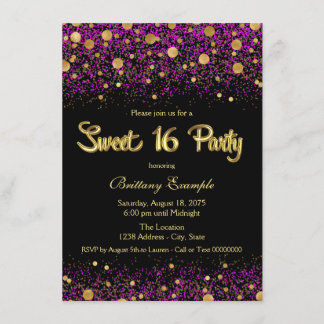Invitation Fête Sweet Sixteen Violet et Or