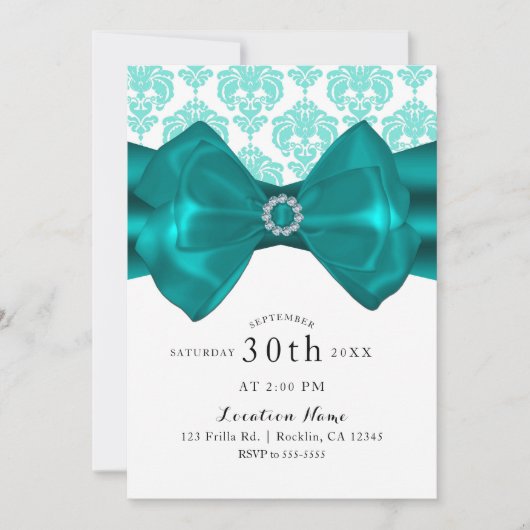Invitation Fête Teal & Blanc Damassé Bow Glam Chic Douce 16 (Devant)