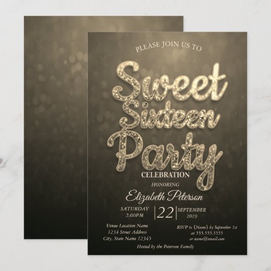 Invitation Fête tendance bokeh cool pour les 16 ans (Devant / Derrière)