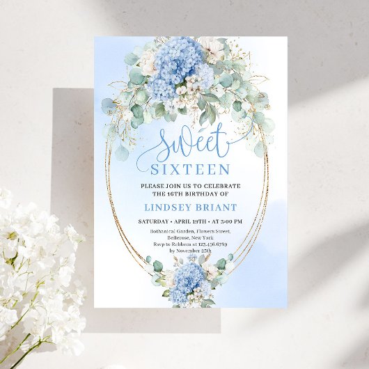 Invitation Fête Tendances Bleu Hydrangea Or Sweet Seize ans 