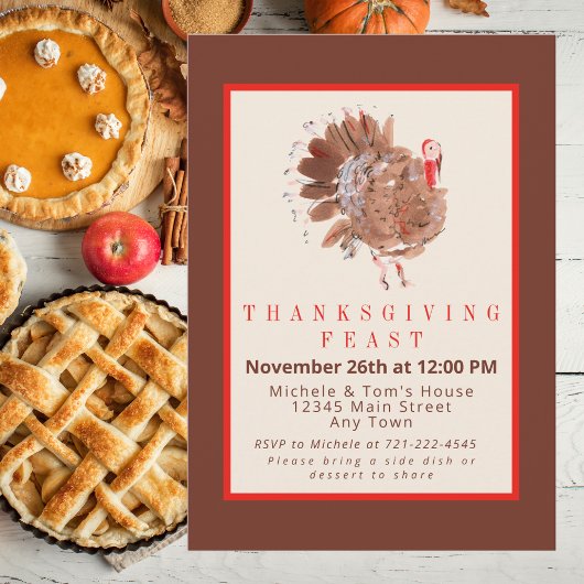 Invitation Fête Thanksgiving Turquie Aquarelle