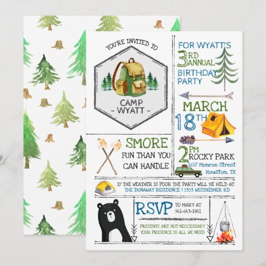 Invitation Fête Thème Camping - Badges & Icônes (Devant / Derrière)