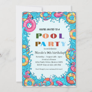 Invitation Fête tropicale au bord de la piscine pour les 9 an