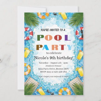 Invitation Fête tropicale au bord de la piscine pour les 9 an