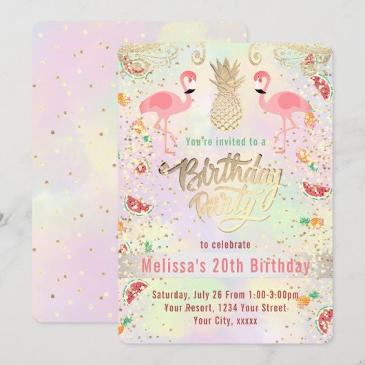 Invitation fête tropicale d'été flamingo (Devant / Derrière)