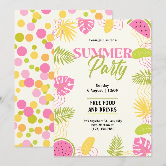 Invitation Fête Tropicale d'Été Vert Et Rose (Devant / Derrière)
