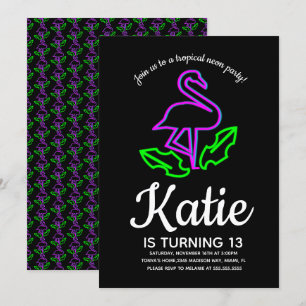 Invitation Fête Tropicale Néon Flamant Rose Glow Teen