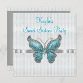 Invitation Fête turquoise de papillon sucré 16e anniversaire (Devant / Derrière)