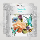 Invitation Fête turquoise du papillon Rose Peach Silver White (Devant / Derrière)