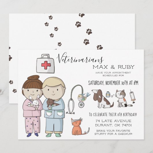 Invitation Fête vétérinaire à thème pour enfants (Devant / Derrière)
