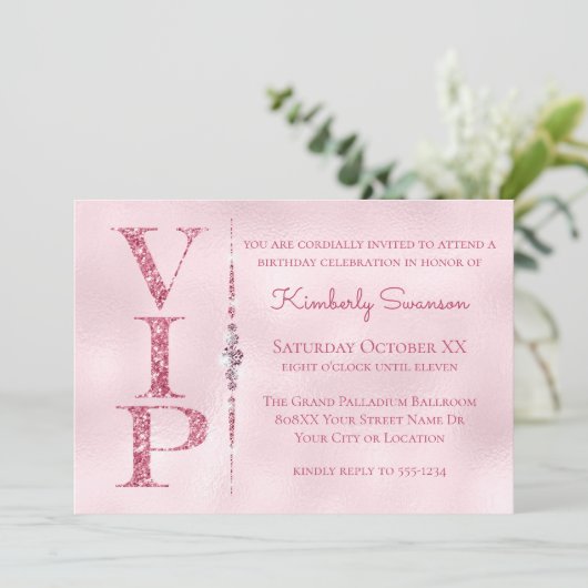 Invitation Fête VIP Diamants Brillant Rose Glamour (Debout devant)