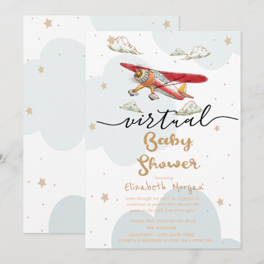 Invitation Fête Virtuelle Bébé Avion Nuages Étoiles (Devant / Derrière)