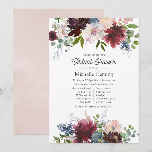 Invitation Fête virtuelle de bébé avec des fleurs en Bourgogn (Devant / Derrière)