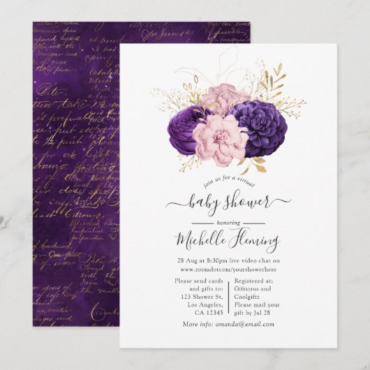 Invitation Fête virtuelle de bébé avec fleurs roses et violet (Devant / Derrière)