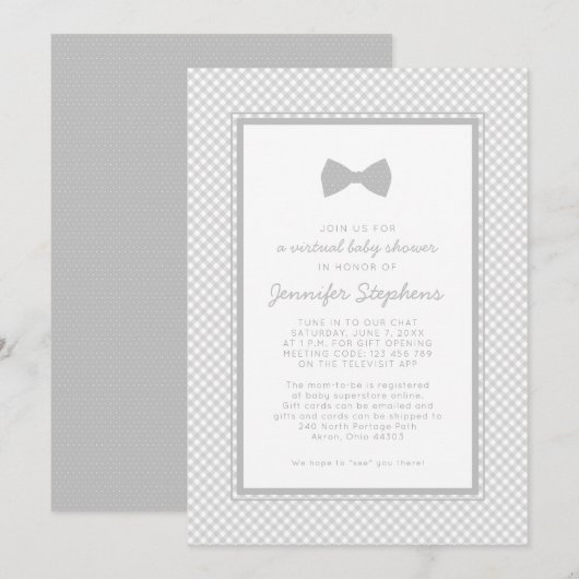 Invitation Fête virtuelle de bébé avec noeud papillon gris à (Devant / Derrière)