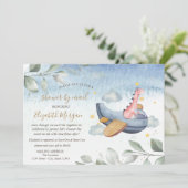 Invitation Fête virtuelle de bébé avion Dino par la poste  (Debout devant)