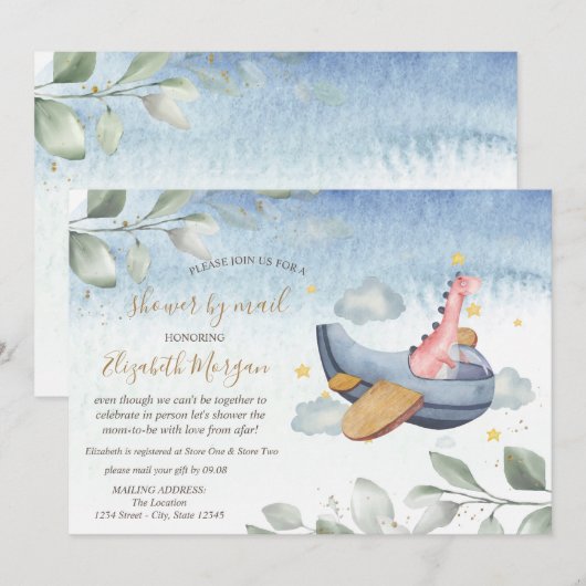 Invitation Fête virtuelle de bébé avion Dino par la poste  (Devant / Derrière)