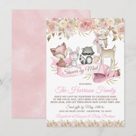 Invitation Fête Virtuelle de Bébé Fille Animaux de la Forêt (Devant / Derrière)