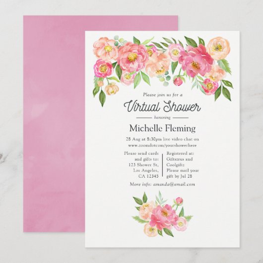 Invitation Fête Virtuelle de Bébé Fille Florale Rose de Print (Devant / Derrière)