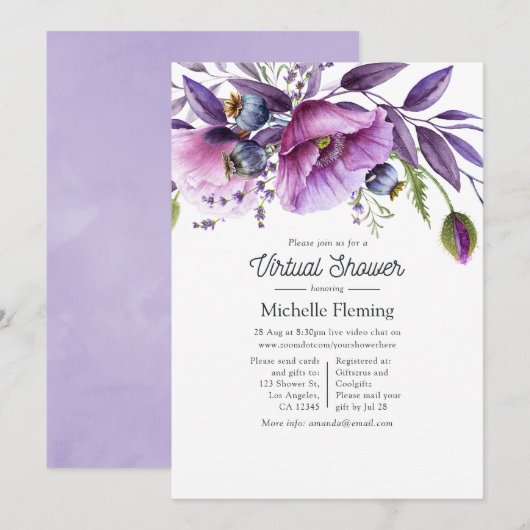 Invitation Fête Virtuelle de Bébé Fleurs de Pavot Violet Past (Devant / Derrière)