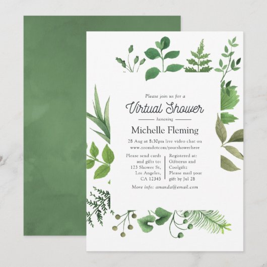 Invitation Fête virtuelle de naissance avec verdure de forêt (Devant / Derrière)