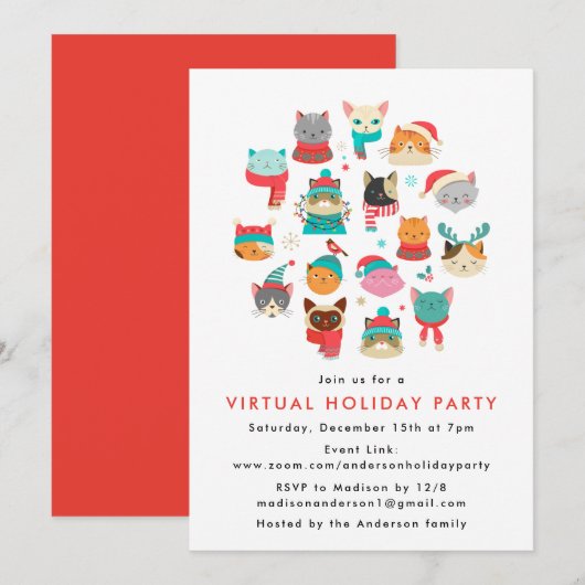 Invitation Fête Virtuelle de Noël avec des Chats Mignons de N (Devant / Derrière)