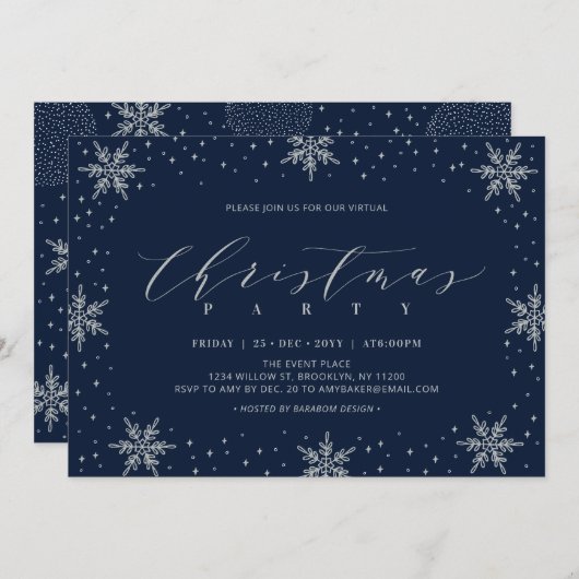 Invitation Fête virtuelle de Noël Silver & Navy (Devant / Derrière)