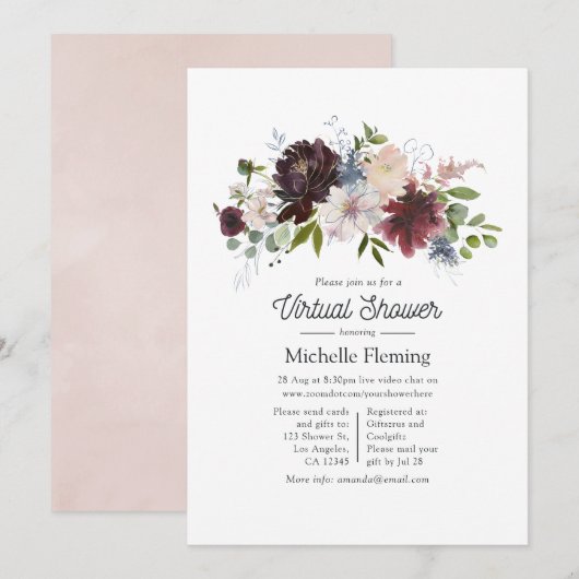 Invitation Fête virtuelle pour bébé avec des fleurs roses et (Devant / Derrière)