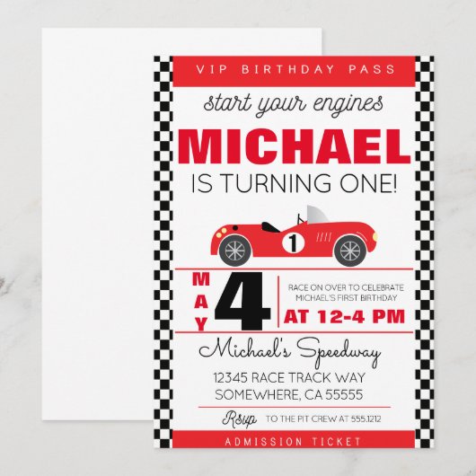 INVITATION FÊTE VOITURE DE COURSE (Devant / Derrière)