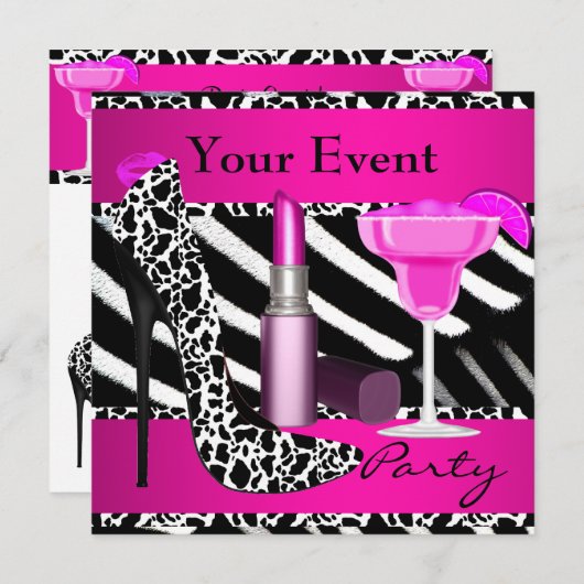 Invitation Fête Zebra Chaussures Hot rose Lipstick (Devant / Derrière)