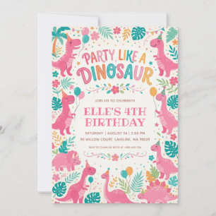 Invitation fêter comme un anniversaire de dinosaure rose dino