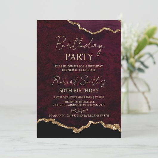Invitation Fêter l'anniversaire Agate Bourgogne et Or (Debout devant)