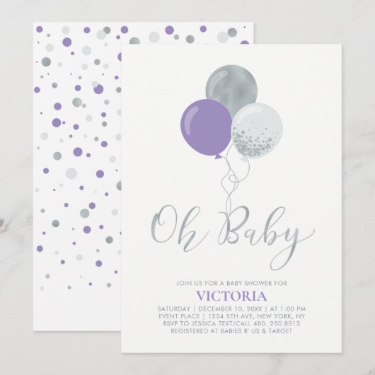 Invitation Fêter l'arrivée de Bébé Fille avec Ballons Violets (Devant / Derrière)