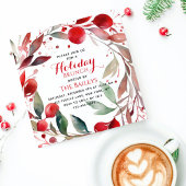 Invitation Fêtes Brunch Élégant Noël Rouge Floral Wreath