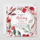 Invitation Fêtes Brunch Élégant Noël Rouge Floral Wreath (Devant)