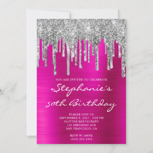 Invitation Fêtes d'anniversaire 50 ans Hot Pink Glitter Argen