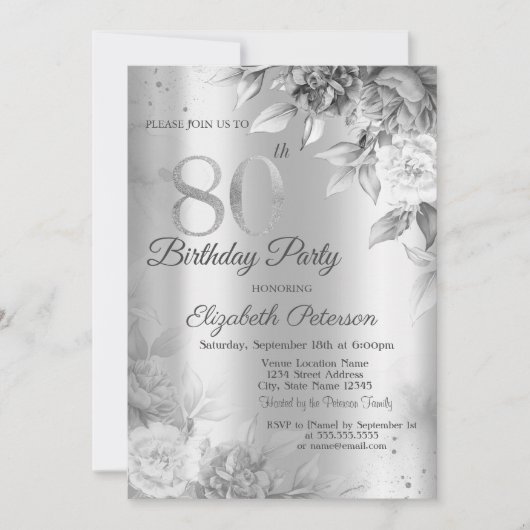Invitation Fêtes d'anniversaire 80 ans Gray Roses Silver (Devant)