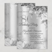 Invitation Fêtes d'anniversaire 80 ans Gray Roses Silver (Devant / Derrière)