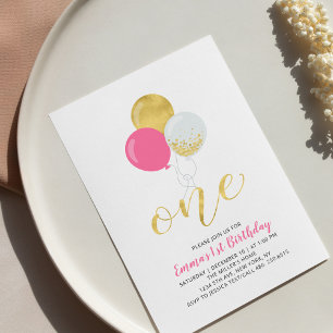 Invitation Fêtes d'anniversaire de 1ère fille avec ballons ro
