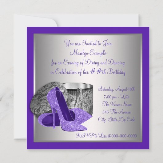 Invitation Fêtes d'anniversaire des femmes violet argent haut (Dos)