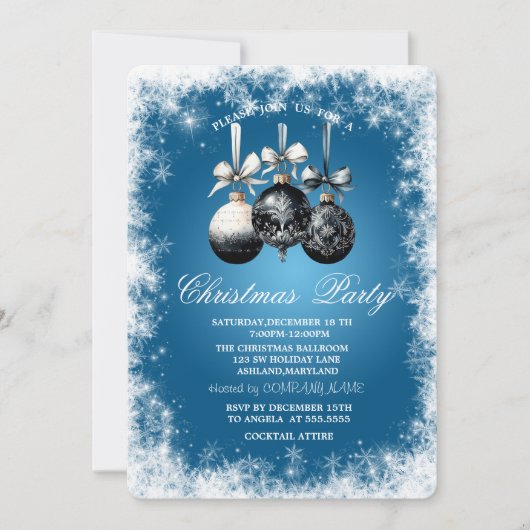 Invitation Fêtes de Noël à flocons,Boules, Bleu (Devant)