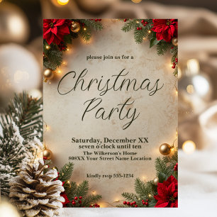 Invitation Fêtes de Noël élégantes avec poinsettias et lumièr