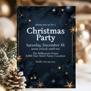 Invitation Fêtes de Noël Étoiles Dorées et Bleu Marine Glamou