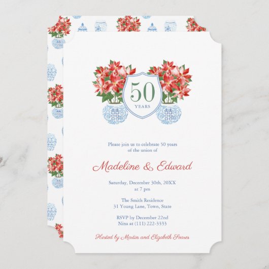 Invitation Fêtes élégantes de Noël au poinsettia pour mariage (Devant / Derrière)