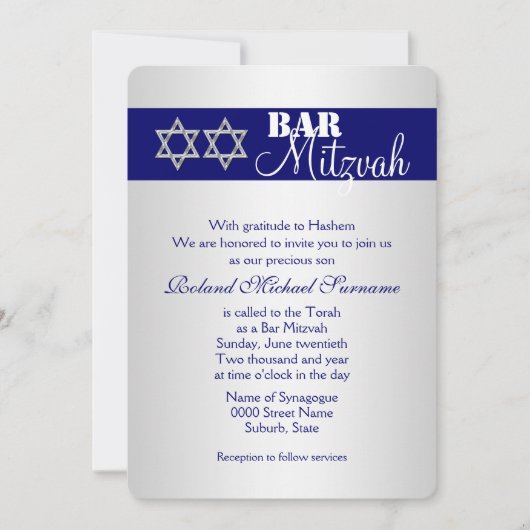 Invitation Fêtes mitzvah bar argent bleu #5 (Devant)